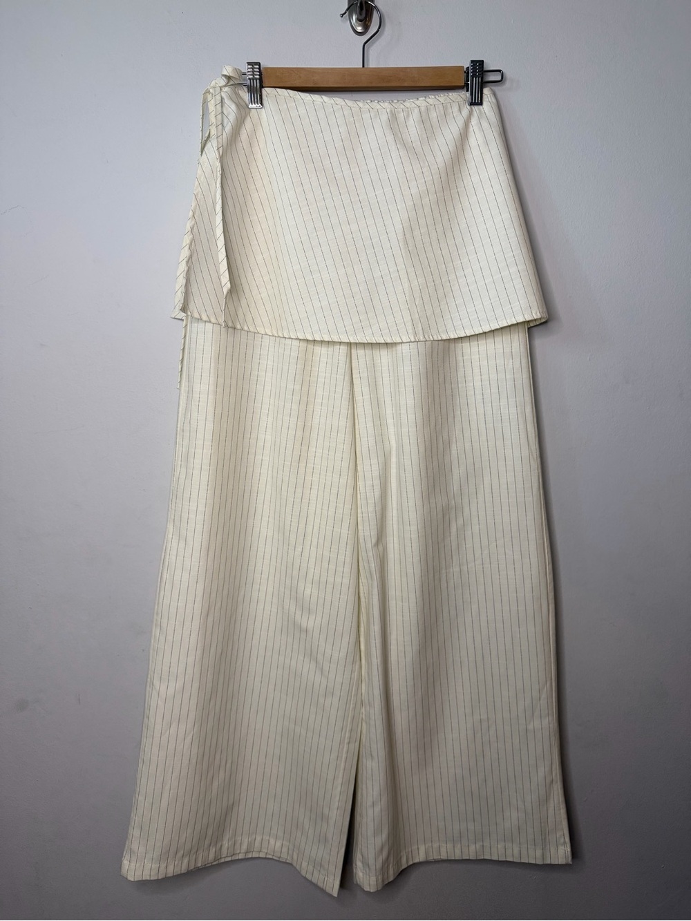 Cream Pinstripe Linen Wide-Leg Removable Wrap Pants